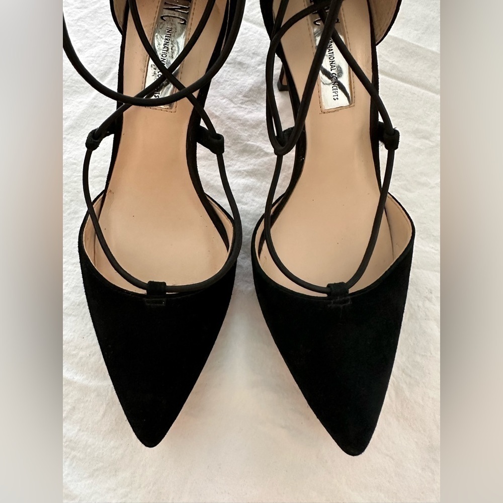 INC International Concepts Black Suede Heels W/Elastic Straps Size 5 - Picture 5 of 6